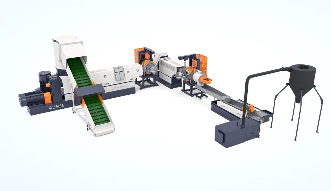 Jiangsu PURUI ML film pelletizing line with belt conveyor, cutter-compactor, two-stage extruder with screen changers, pelletizing, dewatering and storage silo