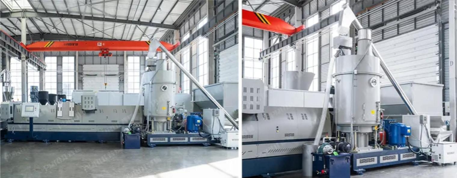 Silo de alimentação, rosca transportadora e degasagem a vácuo na linha de granulação de flakes de PEAD
